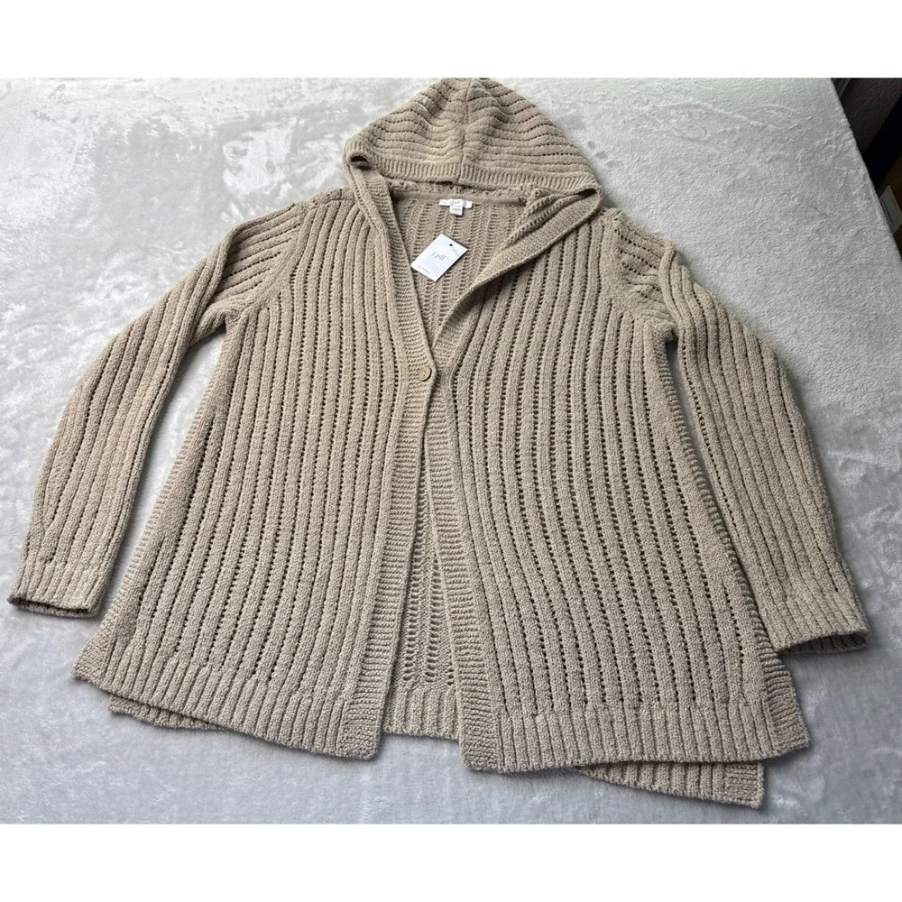 J. Jill Women's Open Weave Crochet Hooded Cardigan Size Small Cotton Knit NWT